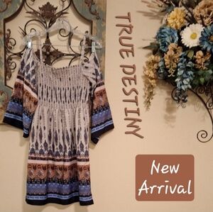 True Destiny Smocked Off-Shoulder Mini Dress Blue/Brown. Size M